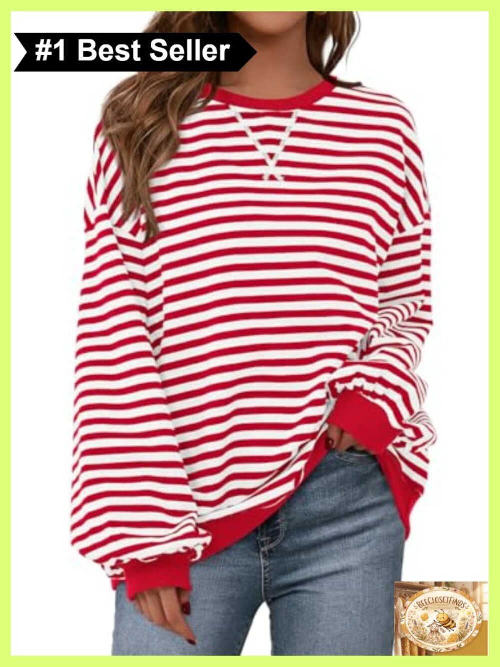 Womens Oversized Striped Crewneck Sweatshirt Stitch V-Neck Pullover